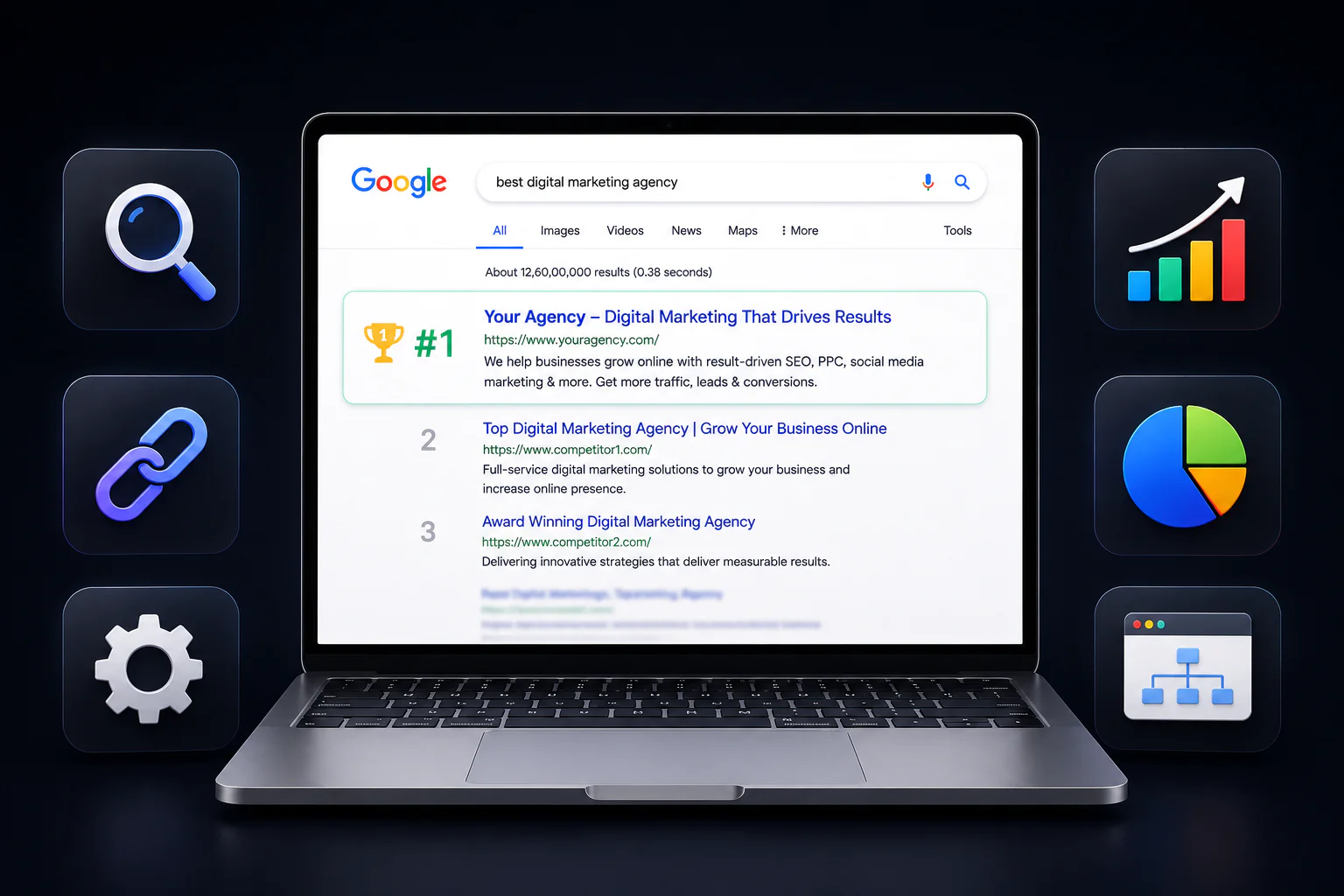 Laptop showing Google search results surrounded by SEO tool icons