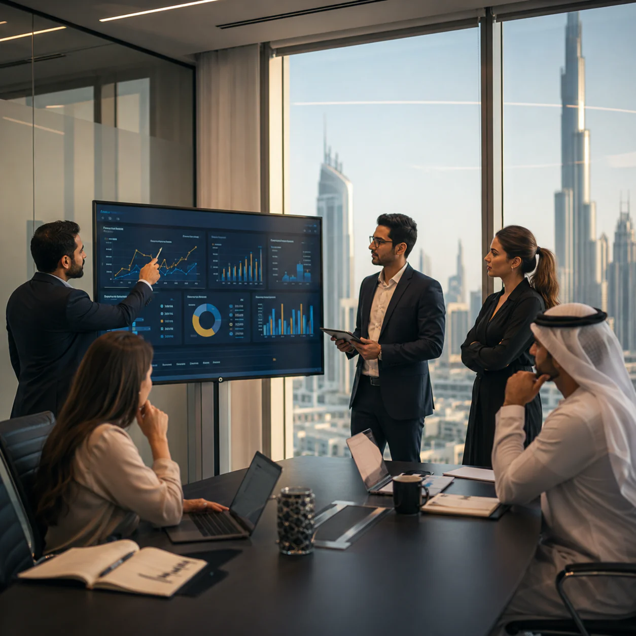 Marketing team presenting results in a Dubai boardroom
