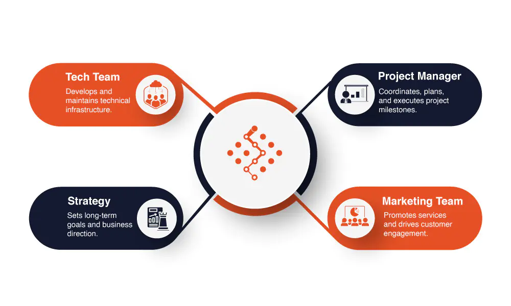 Team structure: tech team, project manager, marketing team and strategy