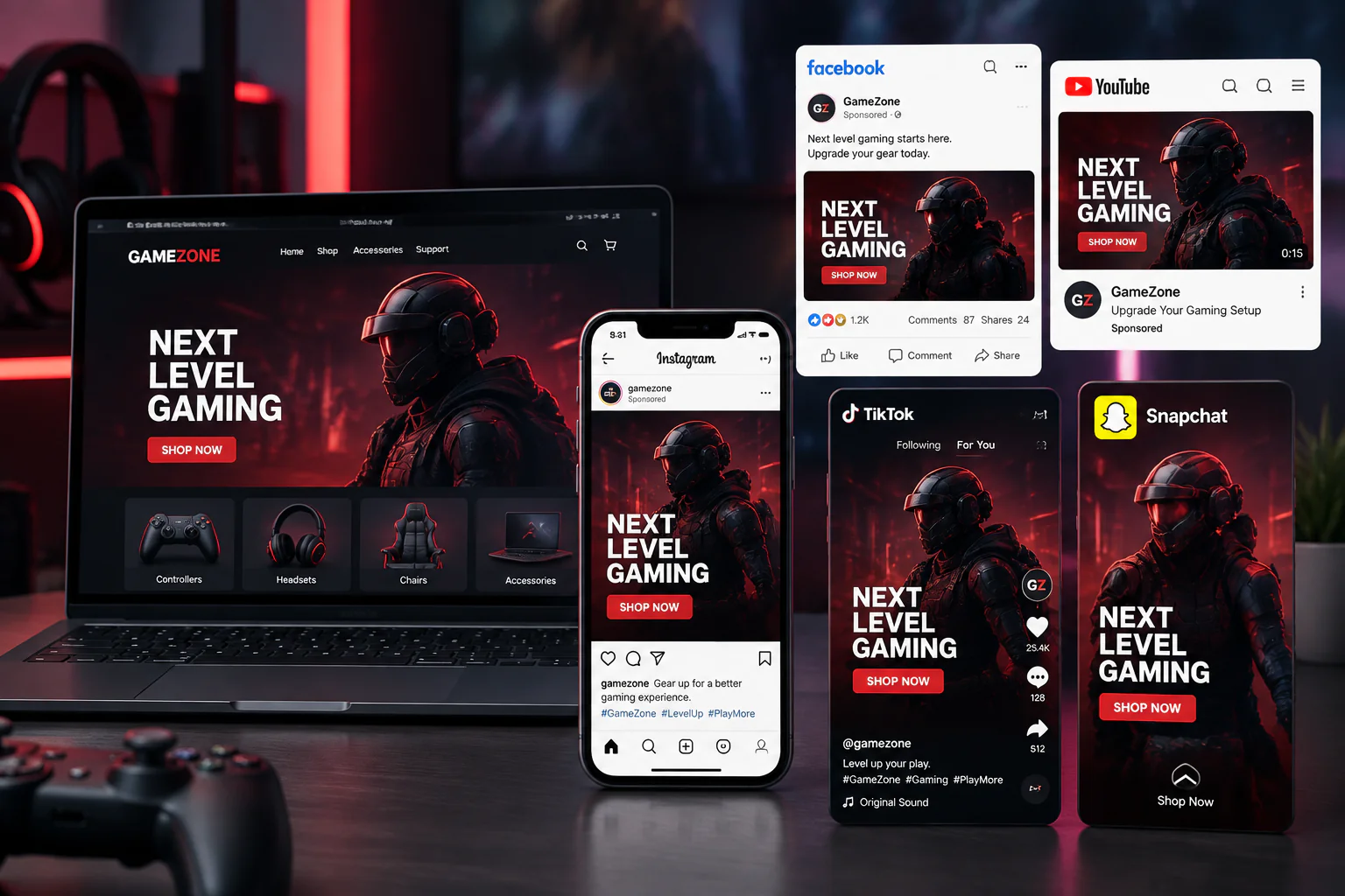 Gaming ad campaign across social platforms