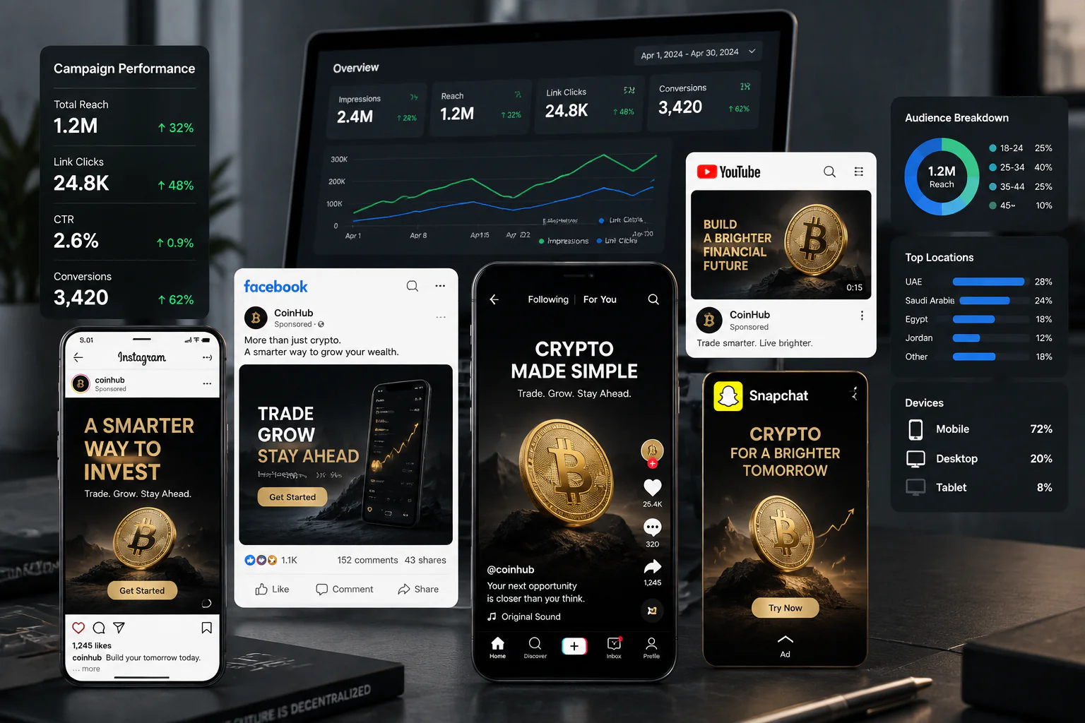 Crypto ad campaign across social platforms